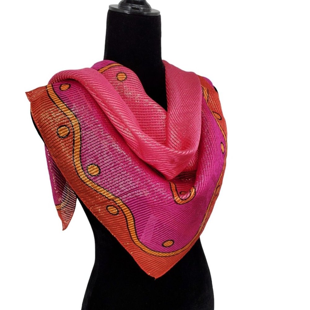 Vintage  Adrienne Vittadini Silk Scarf Bold Pink Orange Gold Metallic 30" Square